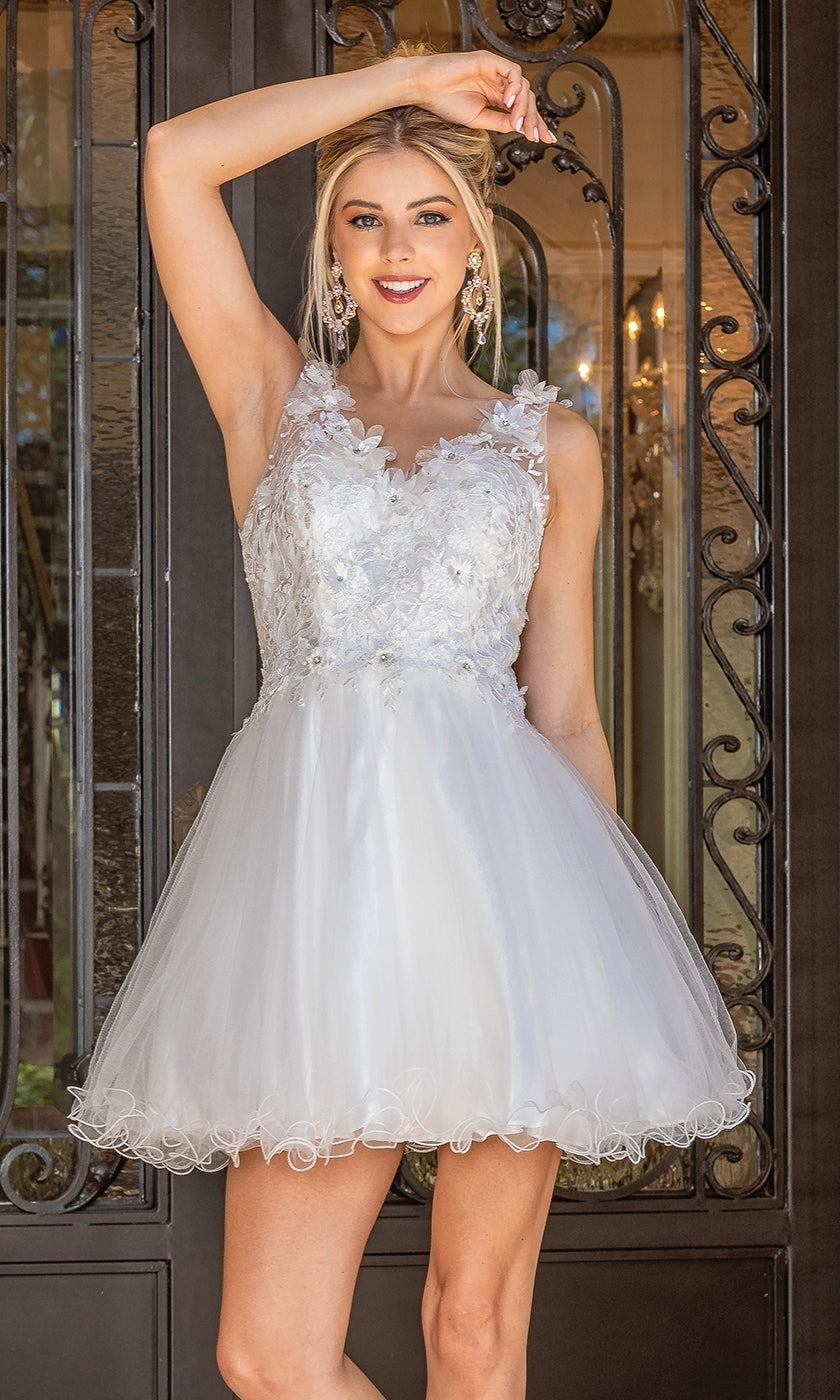 Smiling with one arm raised, a woman stands in front of ornate black doors wearing the Flower-Bodice Sleeveless Short Hoco Dress 3297, a floral lace party dress under $100—perfect for any special occasion.